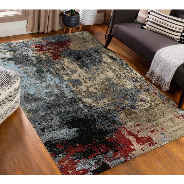 Textile Cozy Modern Charcoal Hand-Knotted Wool Rug Carpet, Abstract Contemporary Design For Sale - Image 7 of 7