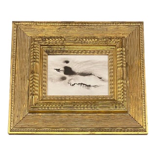 Contemporary Original Abstract Black Ink Painting Chunky Heavy Vintage Gold Frame For Sale