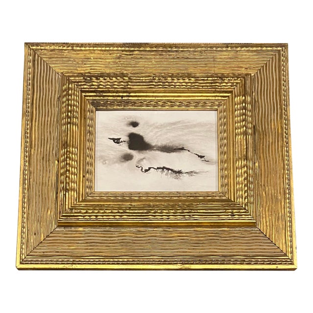 Contemporary Original Abstract Black Ink Painting Chunky Heavy Vintage Gold Frame For Sale