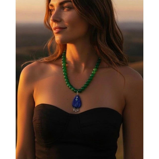 Modern Lapis Peacock Pendant With Emeralds, Diamonds & 14k Gold For Sale - Image 3 of 13