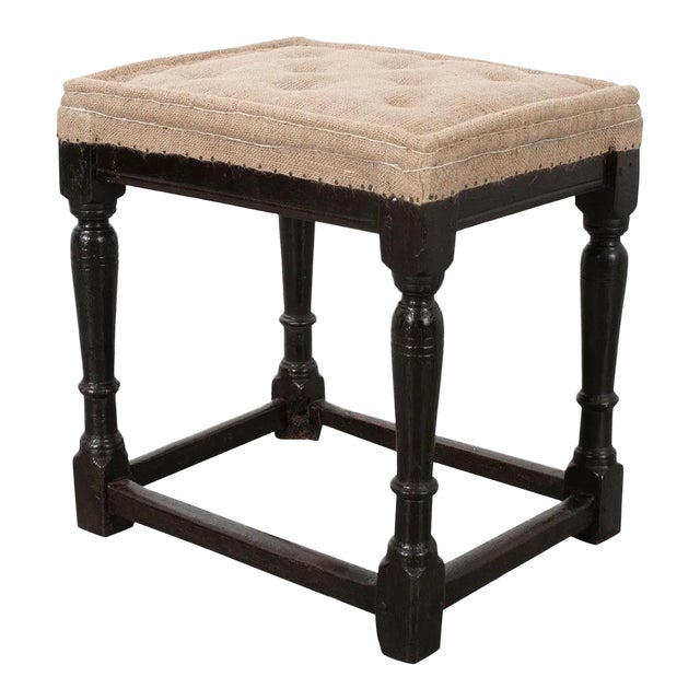 English 18th Century Ebonized Wood & Upholstered Stool For Sale