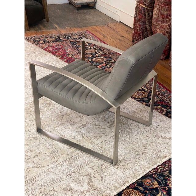 Modern Leather Lounge Chair W/Channel Stitching For Sale - Image 10 of 13