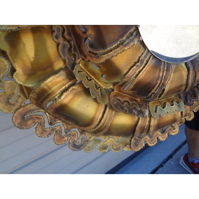 Curtis Jere Mid Century Brutalist Torch Cut Mixed Metal Convex Mirror For Sale - Image 4 of 9