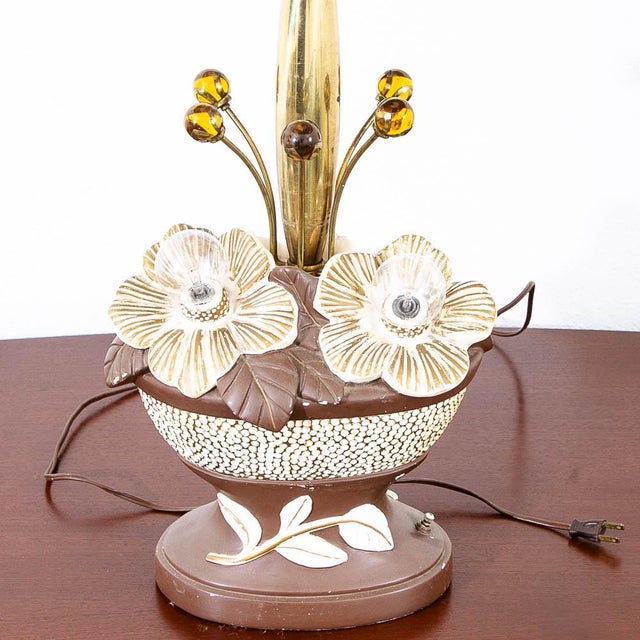 1960s Mid Century Modern Brown White Table Lamp Ceramic Floral Studio Designed For Sale - Image 4 of 12