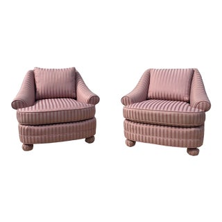 Vintage Fully Upholstered Mackenzie Childs Style Pink Striped Upholstered Ball Feet Chairs - a Pair For Sale