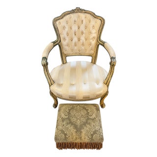Louis XV–Style Gold Tufted Armchair With Coordinating Damask Fringed Footstool For Sale