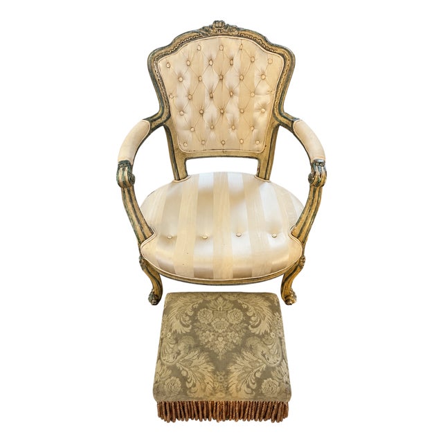 Louis XV–Style Gold Tufted Armchair With Coordinating Damask Fringed Footstool For Sale