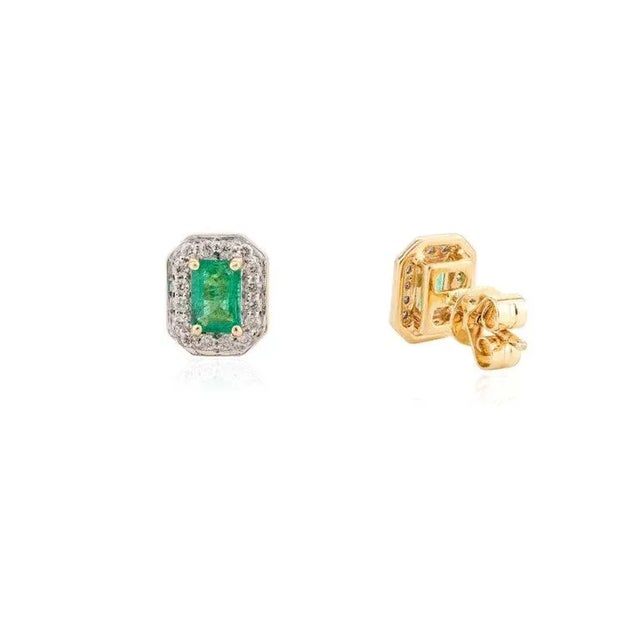 Not Yet Made - Made To Order 14k Gold Emerald Halo Diamond Stud Earrings - 2 Peices For Sale - Image 5 of 5