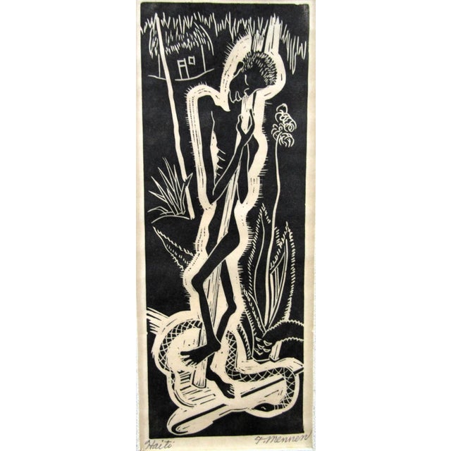 A matted woodcut block print titled "Haiti" by artist Fannie Mennen. This original piece features a portrait orientation...