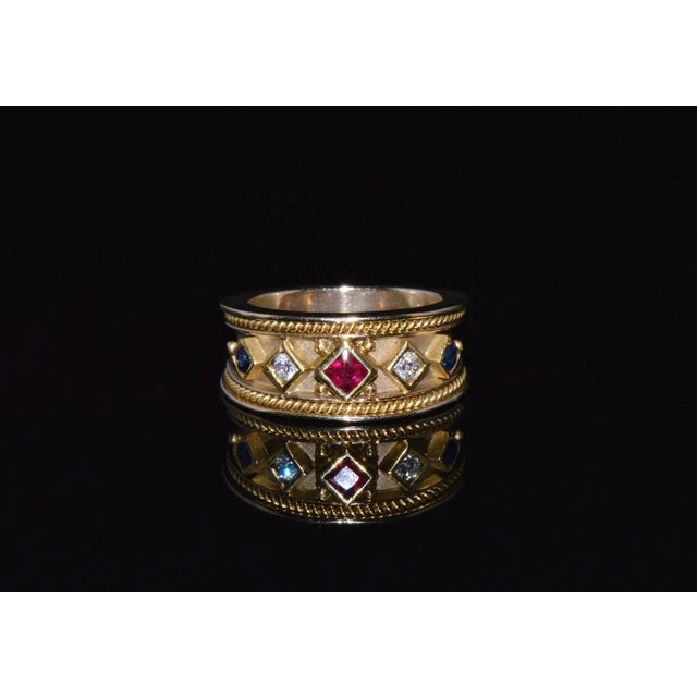 Gorgeous Natural Diamond Ruby Sapphire 18K 750 Solid Gold Byzantine Beaded Greek Ring Band, size 6.5 For Sale - Image 10 of 10