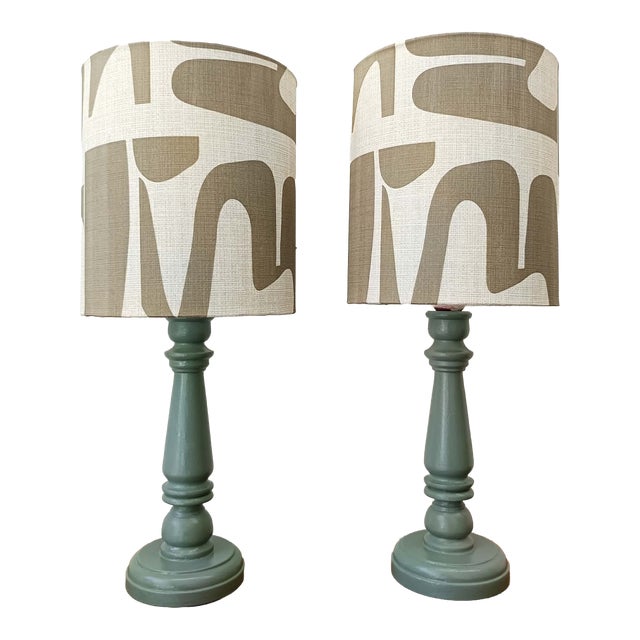 Vintage Wooden Lamps with Modern Lampshades, 1980s, Set of 2 For Sale