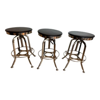 Vintage Stainless and Dark Wood Adjustable Stools - Set of 3 For Sale