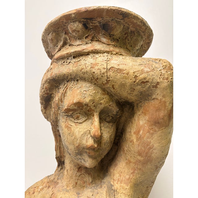 Wood Antique Carved Wood Female Caryatid Holding Vessel on Her Head For Sale - Image 7 of 15