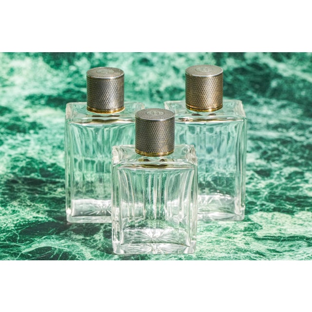1920s Stunning Engine Turned Antique French Sterling Silver Crystal Vanity Dresser Set Cologne Bottle Box Home Decor For Sale - Image 5 of 16