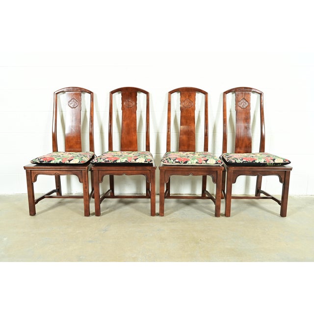 A gorgeous set of four mid-century modern Hollywood Regency Chinoiserie dining chairs By Henredon USA, Circa 1970s Solid...