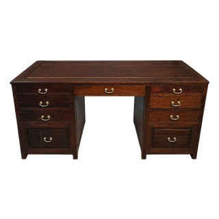 Vintage Asian-Inspired Dark Wood Executive Desk With Brass Hardware & Fretwork For Sale