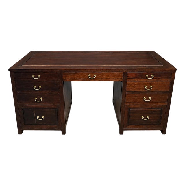 Vintage Asian-Inspired Dark Wood Executive Desk With Brass Hardware & Fretwork For Sale