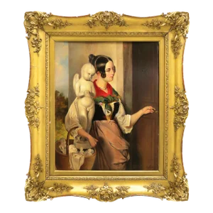 An Oil on Board Painting Depicting a Lady Selling Sculptures, Italy, 19th Century