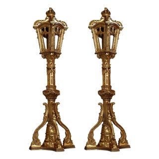Gold Lanterns on Carved Legs, Set of 2 For Sale