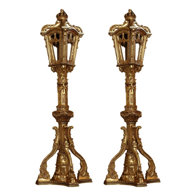 Gold Lanterns on Carved Legs, Set of 2 For Sale