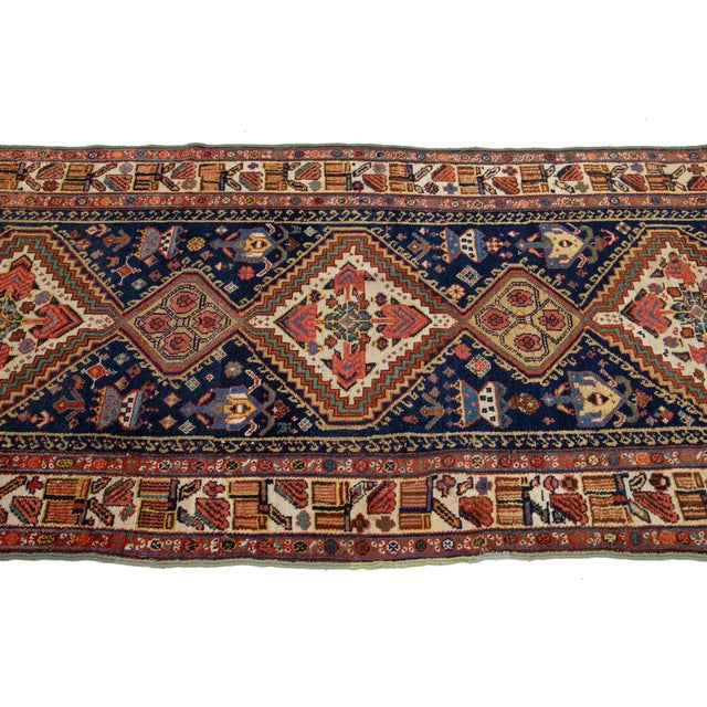 Handmade Navy Blue Antique Kurdish Wool Runner With Allover Design For Sale In New York - Image 6 of 9