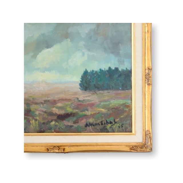 An atmospheric French oil painting capturing a quiet countryside beneath a softly shifting sky. Expressive brushwork and a...