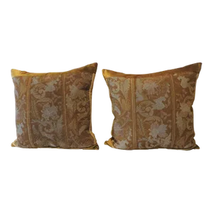 Yellow Silk Velvet Tapestry Square Decorative Pillows - Set of 2
