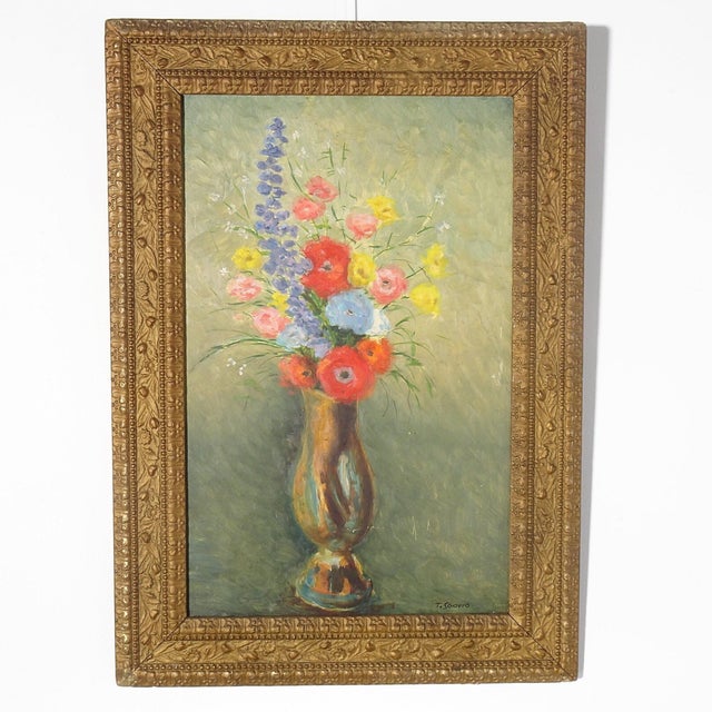 Paint Mid Century Signed Thomas Sgovio Framed Floral Still Life Oil Painting For Sale - Image 7 of 7