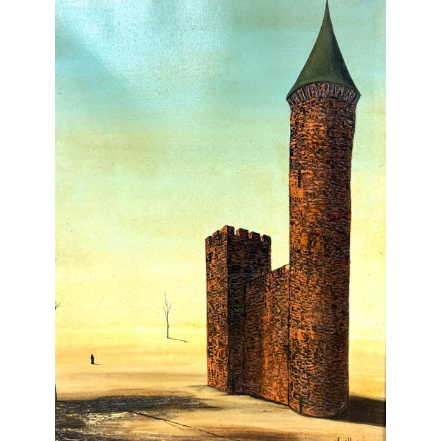 Álvaro Guillot Surrealist Fortress Landscape Oil Painting, Signed For Sale - Image 9 of 15