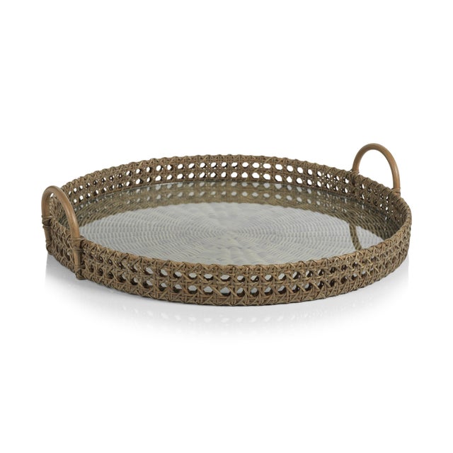 2020s Zadar Round Open Weave Rattan Tray with Clear Glass For Sale - Image 5 of 5