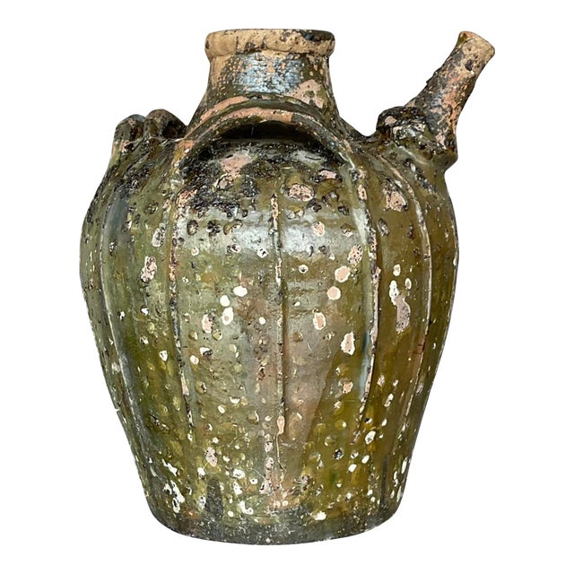 Vintage Boho Patinated Matte Glazed Ceramic Urn For Sale
