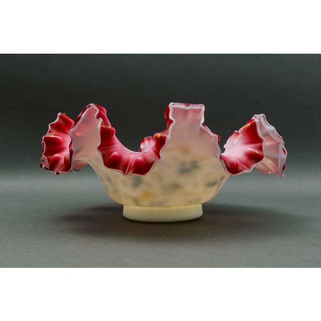 Antique Victorian Hand Painted Cranberry Ruffled Edges Glass Brides Basket Bowl For Sale - Image 4 of 10