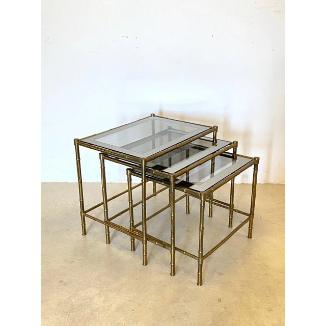 Mid-Century Modern Triptych of Brass Tables in Faux Bamboo, 1970s, Set of 3 For Sale - Image 3 of 9