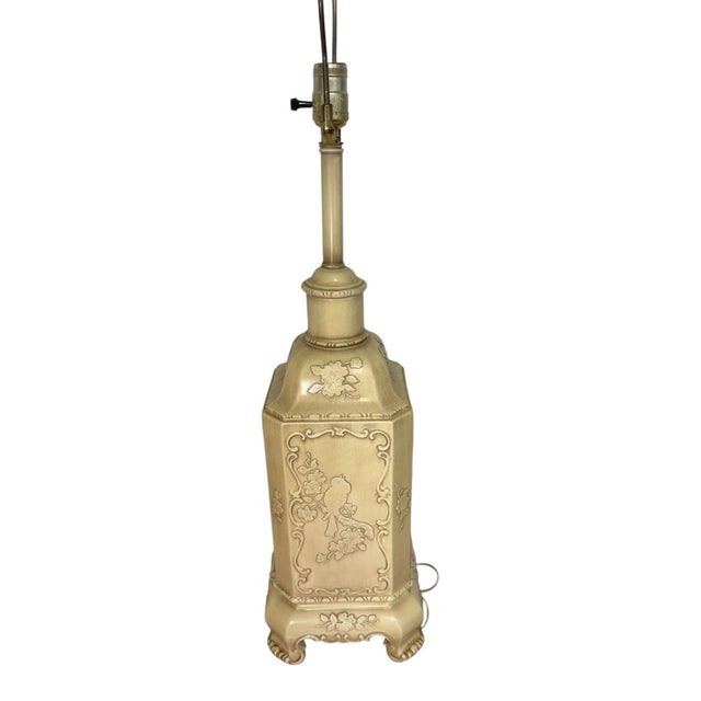 Mid 20th Century Chinoiserie Plaster Table Lamp Raised Bird Floral Relief Cream For Sale - Image 4 of 17