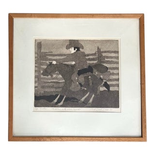1980’s Original Western Wood Block Print of Cowboy on Horse For Sale