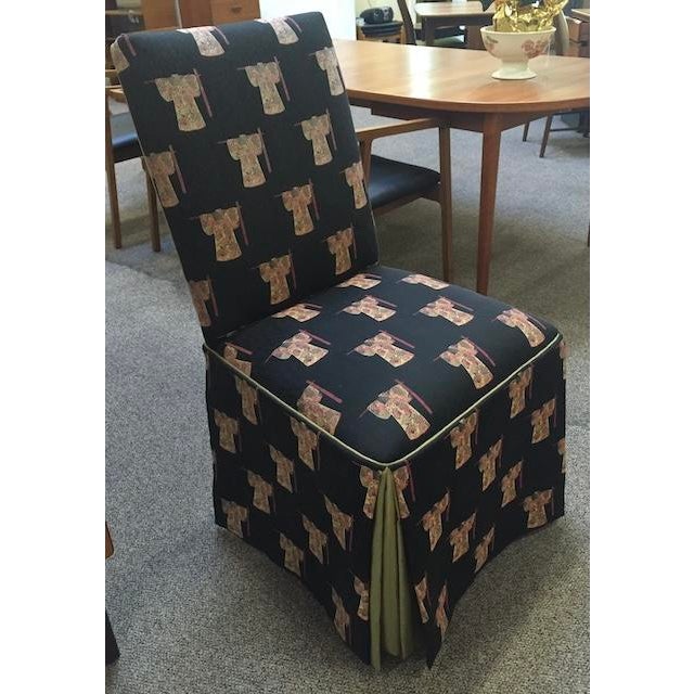 Set of Five Parson Style Custom Chairs With Asian Upholstery, Skirted Bottom With Silk Inner Lining. For Sale - Image 13 of 14