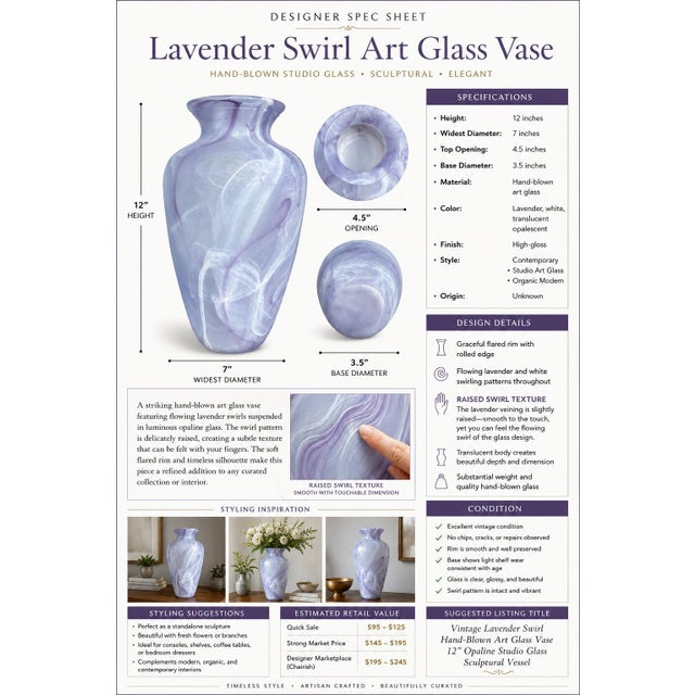 Bring refined artistry into your home with this elegant vintage hand-blown art glass vase, featuring flowing lavender and...