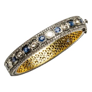 1990s Diamond and Blue Sapphire Bangle Bracelet with Clasp For Sale