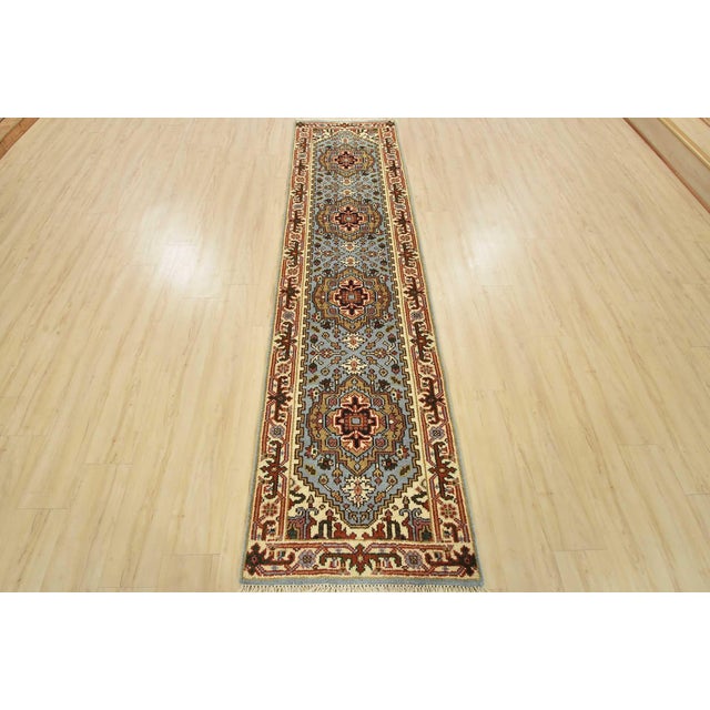 Tribal Heriz Runner 2’6” X 9’10” Blue Wool Tribal Hand-Knotted Oriental Rug For Sale - Image 3 of 12