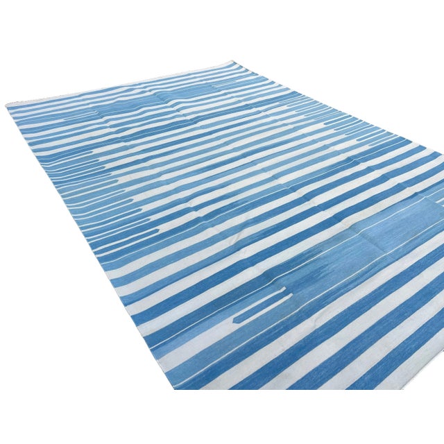 Textile Handmade Cotton Natural Vegetable Dyed Area Rug, Sky Blue and White Striped Dhurrie-5'x7' For Sale - Image 7 of 12