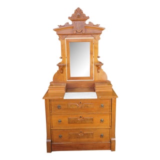 Antique Victorian Eastlake Walnut Marble Top Gentlemans Dresser Glove Box Mirror For Sale