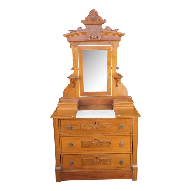 Antique Victorian Eastlake Walnut Marble Top Gentlemans Dresser Glove Box Mirror For Sale