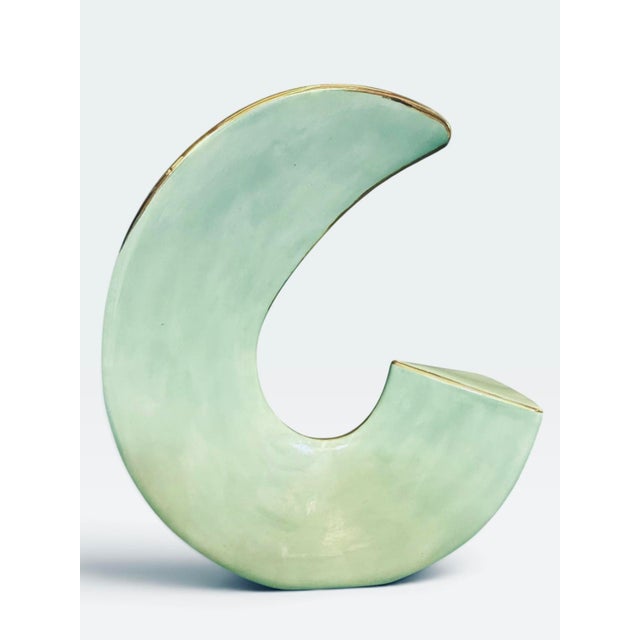 1980s McRon Signed Postmodern Ceramic Crescent Vase – Celadon & Gold Luster – 1984 – 20" For Sale - Image 5 of 7