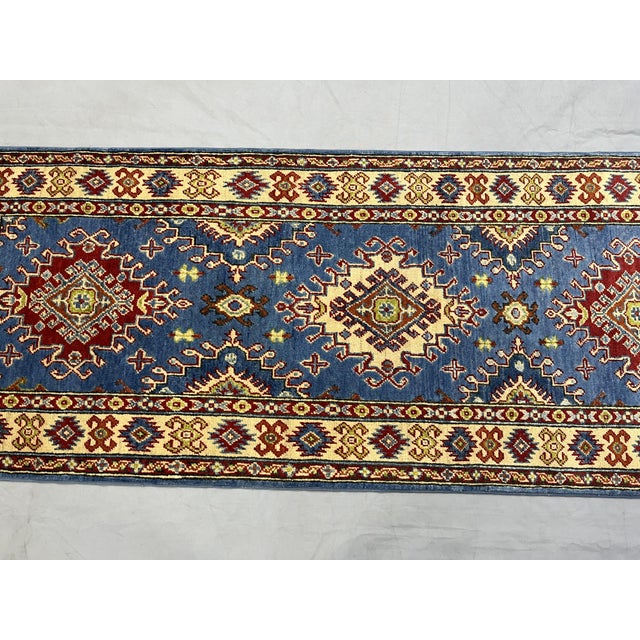 Art Deco Blue and Cream Kazak Wool Runner Rug With Tribal Medallions, 2'8" X 6'11" For Sale - Image 3 of 14