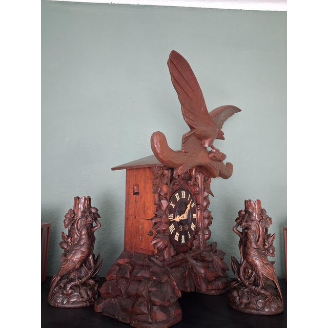 Important Masterpiece Black Forest Table-Fireplace Clock, Cuckoo Clock Made by Aleksander Fleig, Set of 3 For Sale - Image 5 of 10