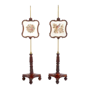 Pair of Antique 19th Century English William IV Brass and Rosewood Needlepoint Fire/Pole Screens