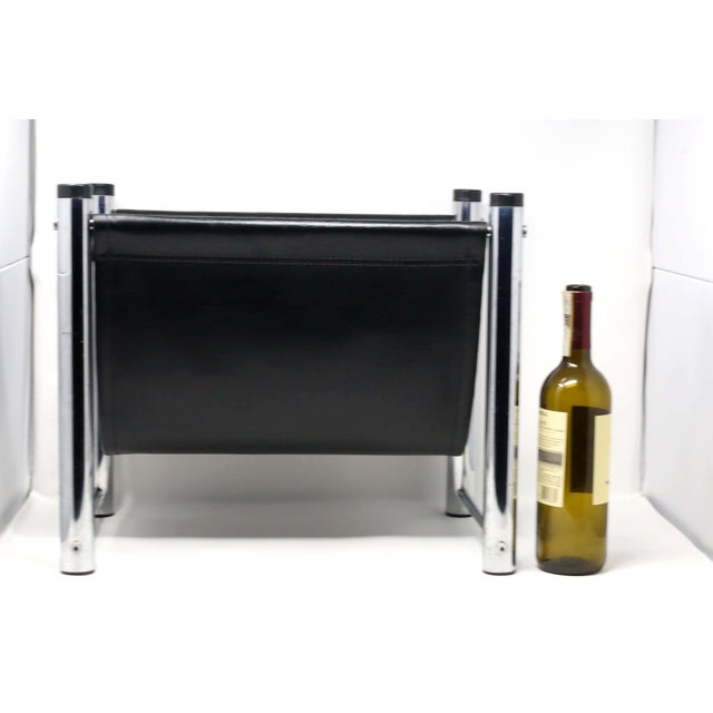 1970s Black Leather Sling and Chrome Magazine Rack | Chairish