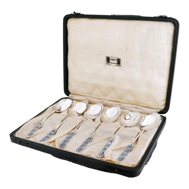 Set 6 Liberty & Co. Sterling Silver & Enamel Demitasse Spoons by Bernard Cuzner For Sale