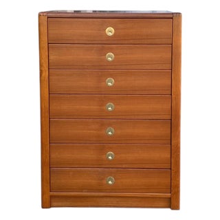 D-Scan Captain Line Teak Seven-Drawer Tallboy Dresser, Mid-Century Modern, Mid-Century, Brass For Sale
