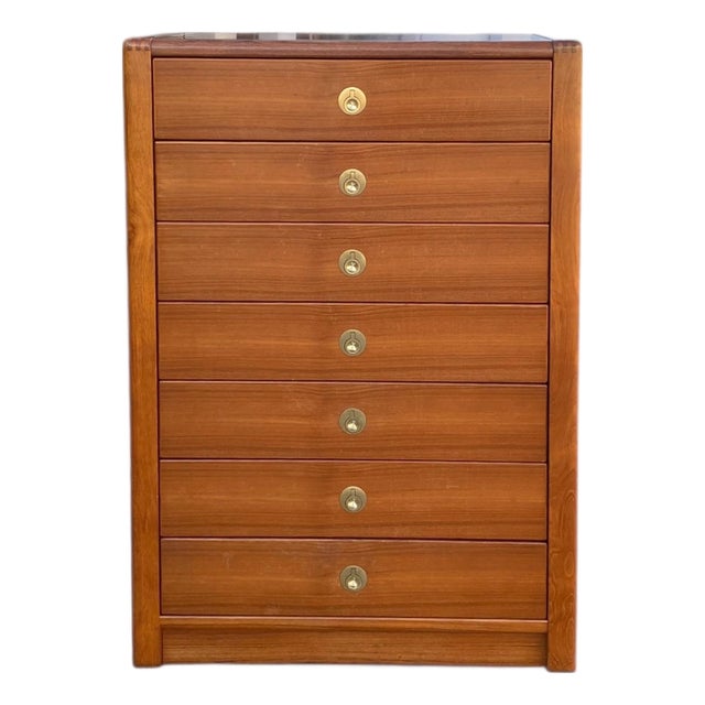 D-Scan Captain Line Teak Seven-Drawer Tallboy Dresser, Mid-Century Modern, Mid-Century, Brass For Sale